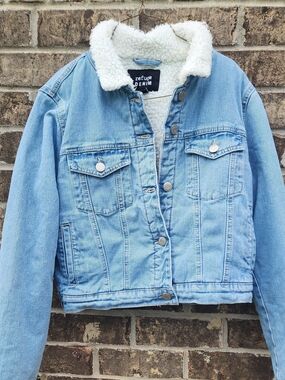 refuge Light Blue Denim Jacket with White Sherpa Collar